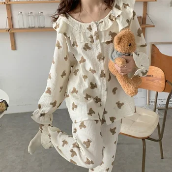 Japon Tatlılar Oda Kadın Pamuk Pijama Baskı Pantolon Uygun Ayı Yaz Sevimli Elbise Hırka Nightie Pijama Giyim QWEEK 