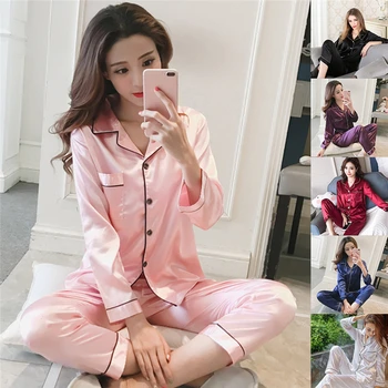 Kadın Saten Pijama Takımı Uzun Kollu Ve Uzun Düğmeli Pijama Loungewear M-5XL