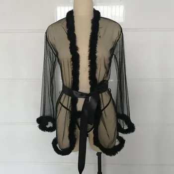 Kadın Seksi Iç Çamaşırı Örgü Şeffaf See Through Pijama Bornoz 3 adet Kürk Erotik Seti Kostüm Gece Elbisesi Erotik Külot Kemer