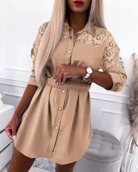 Kadın Sequins İşlemeli Dantel Patchwork Gömlek Elbise Yaka Düğmesi Tasarım Düz Renk Uzun Kollu Gömlek Elbise