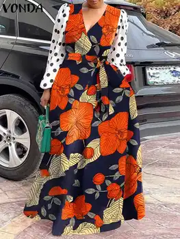 Kadın Sonbahar Bohemian Parti Vestidos VONDA Zarif Çiçek Baskılı Maxi Elbise Seksi V Boyun Uzun Puf Kollu Nokta Sundress Kuşaklı