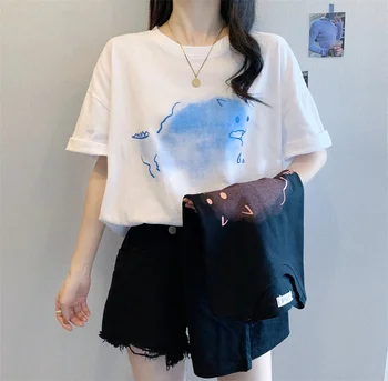 Kadın T-shirt Harajuku karikatür baskı T Shirt Kadınlar için Moda kısa kollu Siyah beyaz Grafik T Shirt Yaz kore Giysi