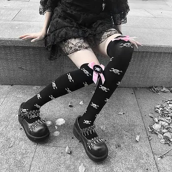 Kafatası Yay Kadife Diz Üzerinde Uyluk Çorap Bayanlar Cadılar Bayramı Moda Pembe Baskı Kafatası İnce Çorap Yeni Sevimli kadın diz üstü çorap