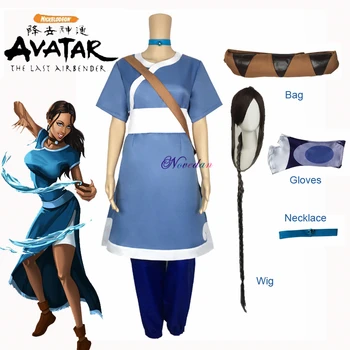 Katara Cosplay Kostüm Anime Avatar son Hava Bükücü Cosplay Kostüm Tam Set Kolye + Çanta + Peruk