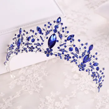 KMVEXO Yeni Mavi Pembe Kristal Gelin Tiaras Düğün yapay Elmas Taçlar Gelin Kafa Takı Diadem Bantlar Pageant Headdress