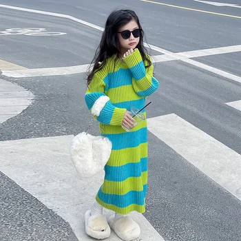 Kızlar Şerit Örgü Kazak Elbise 2022 Çocuk Giyim Rahat Sonbahar Kış Uzun Kollu Sıcak Triko Kazak Kore Giysi 4-14 yıl