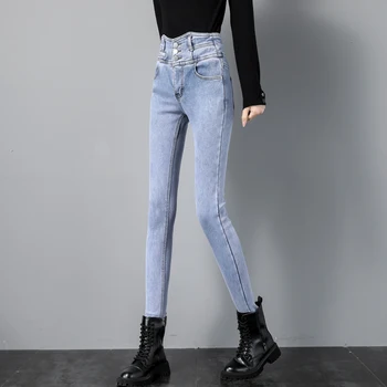 Kış Bayan Yüksek Belli Skinny Jeans Tayt Kadın Bayan Kalınlaşmak Güz Kıyafetler Kadın Pantolon Polar Kore Moda Streetwear