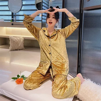 Lisacmvpnel Sonbahar Kış Altın Kadife Pijama kadın Katı Basit Pijama Kadife Ev Giysileri Kore Versiyonu Moda Pijama