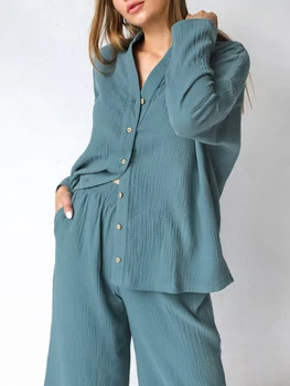 Lınad Pamuk kadın Ev Giysileri Uzun Kollu V Boyun 2 Parça Setleri Pijama Gevşek Pantolon Takım Elbise Kış Rahat Kadın pijama