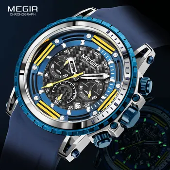 MEGIR Saatler Erkekler için Mavi Silikon Kayış Askeri Spor İzle Moda Chronograph Kuvars Kol Saati часы relogio reloj montre