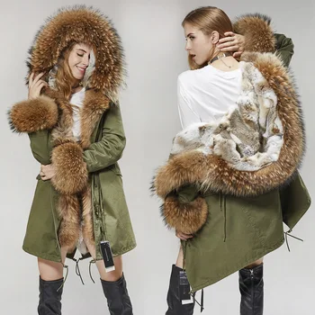 MMK moda kadın parka ceket tavşan kürk astar büyük rakun kürk yaka kış ceket ceket uzun kapşonlu ordu yeşil sezon sıcak ja