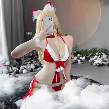 Noel Bodysuit bikini seti Kadife Peluş Kadınlar Backless Sevimli Tavşan Kız Tempatation Yay Erotik Kostümleri Kedi Kulak Cosplay