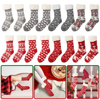 Noel Terlik Çorap Kadın Bulanık Sıcak Kış Kalın Kaymaz Tutucu ile Atletik Çorap Çocuklar için Noel Yumuşak Polar Astarlı Çorap
