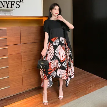 NYFS 2022 Yaz Yeni Kore Kadın Elbise Vestidos Robe Elbise Pamuk Moda Artı Boyutu Patchwork Baskı Tatil tarzı Uzun Elbiseler
