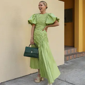 O-boyun Balo Elbise Asimetrik A-line Parti Kıyafeti Yeşil Saten Elbise Kısa Kollu Büzgü Casual kadın Elbise Özel Yapılmış