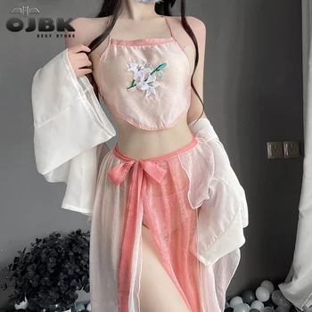 OJBK Kadınlar Sexy Lingerie Çin Geleneksel Bornoz Örgü Bandaj Elbise Kız Pijama Çiçekleri Uzun Elbiseler Gecelik See Through