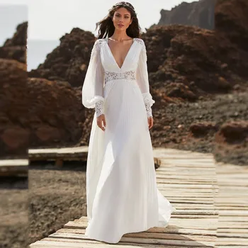 Plaj Basit Tam Kollu düğün elbisesi 2023 V Boyun Aplikler Backless Şifon Gelin kıyafeti Sweep Tren Plise Tasarım Robe De Mariee
