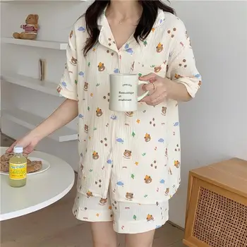 QWEEK Gazlı Bez Pijama Japon Tatlılar Odası Giyim Ayı Baskı Hırka Pijama Yaz Takım Elbise Şort 2 Parça Set Gecelik