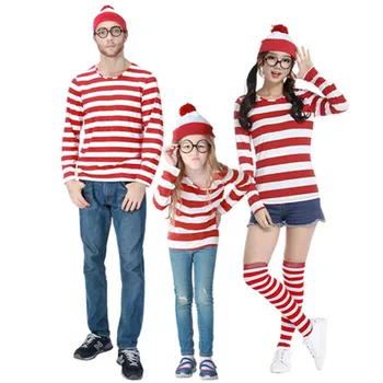 S-XXL Ebeveyn-Çocuk Karikatür Nerede Wally Waldo Kostüm Waldo Kitap Hafta Cosplay Kıyafet Şerit Gömlek Şapka Gözlük Kiti