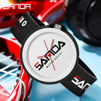 SANDA Ürün Moda Marka Bayanlar İzle Spor Silikon Kuvars Serin Su Geçirmez Kırmızı Beyaz Siyah kol saati Casual Erkek Saat