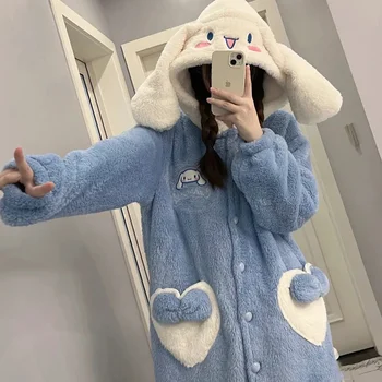 Sanrio Sevimli Cinnamoroll Mavi Gecelik Kalınlaşmış Yumuşak Sıcak Mercan Kadife Pijama Yeni kışlık pijama Kawaii Kız Hediye