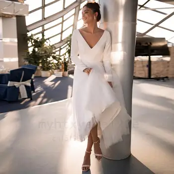Seksi Beyaz Fildişi düğün elbisesi 2022 Zarif Uzun Kollu V Boyun Boncuk Kemer gelin kıyafeti Bir Çizgi Kısa Elbiseler Vestido De Noiva