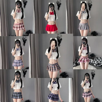 Seksi İç Çamaşırı Sevimli Pilili Mini Elbise JK Üniforma Tempatation Kız Öğrenci Cosplay Etek Seti Öğrenci Roleplay Kostümleri Amigo