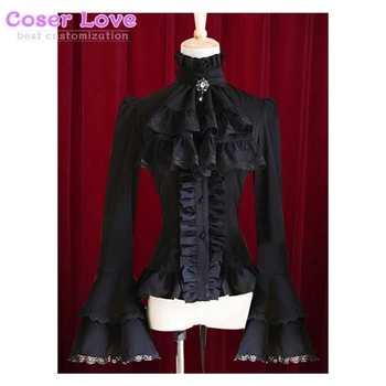Siyah beyaz gotik Lolita Bluz Çan Kollu Ruffles pamuklu bluz Kadınlar için (papyon olmadan)
