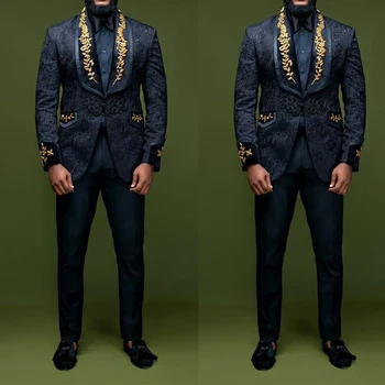Siyah Jakarlı Erkek Takım Elbise Özel 2 Adet Blazer Pantolon Bir Düğme Altın Aplikler Düğün Damat İş Rahat Balo Özel