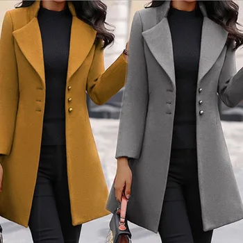 Sonbahar ve kış orta uzunlukta Kore tarzı yaka ince ve düz renk ince kadın yün ceket ceket