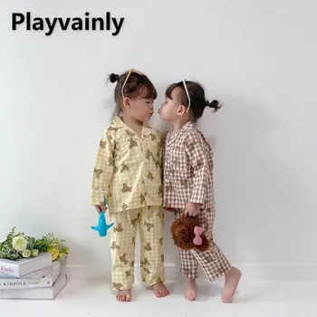 Sonbahar Çocuk Kız Erkek Pijama 2-pcs Setleri Karikatür Küçük Ayı Ekose pamuklu uzun kollu tişört Seti Bebek Yenidoğan Giysileri E22567