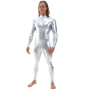 Tam Bodysuit Zentai Likra Spandex Takım Elbise Erkekler İçin Fermuar Catsuit Mock Boyun Unitard Gümüş Zentai Suit Cadılar Bayramı Cosplay Kostümleri
