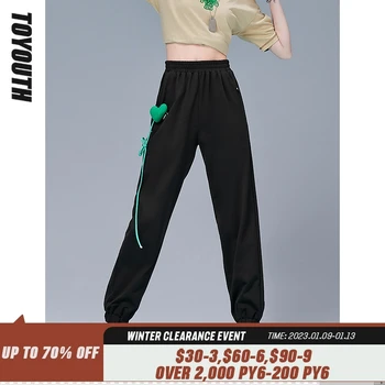 Toyouth Kadın Sweatpants 2022 Yaz Orta Elastik Bel Pantolon 3D Kalp Yay Katı Siyah Rahat Şık spor pantolonları