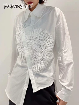 TWOTWINSTYLE Patchwork Inci Gömlek Kadınlar Için Yaka Üç Çeyrek Kollu Katı Düğme Bluz Kadın Moda Giyim Yeni