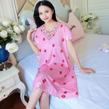 Uyku Elbise Kadınlar için Yaz Kadın Pijama Sevimli Baskı Uzun Gecelik Dantel Pijama Rahat Sleepshirt Elastik kadın giysisi