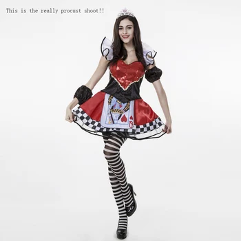 VASHEJIANG Yetişkin Kırmızı Poker Queen of Hearts Kostüm madeni pul Deluxe Queen of Heart Cosplay Kostümleri Cadılar Bayramı Partisi Elbise İçin