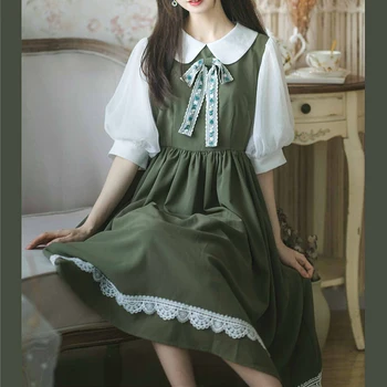 Vintage Elbise Kadınlar Zarif Lolita Japon y2k Gotik Tiki Tarzı Yaz Midi Elbise Kısa Kollu Peter Pan Yaka Tatlı Yay