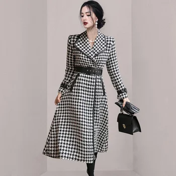 Vintage Uzun Yün Ceket Kadın Sonbahar Kış Yeni Kore Moda Balıksırtı Over-the-diz Kalın Kemer Yün Ceket Kadın
