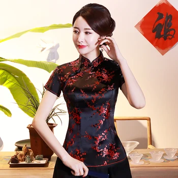 Vintage Çiçek Kadınlar Çin Geleneksel Saten Bluz Yaz Seksi Gömlek Yenilik Ejderha Giyim Üstleri Yenilik Elbise