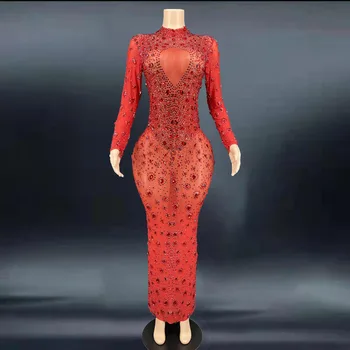 Yanıp sönen kırmızı Kristaller Taşlar Seksi Şeffaf uzun elbise Akşam Doğum Günü Kutlamak Örgü Streç Dans Uzun Kollu Elbise