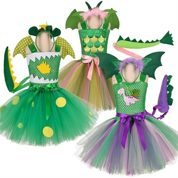 Yeni Dinozor Elbise ile Kızlar için Kanat Bandı Kuyruk Çocuklar Karikatür Bebek Kız Tutu Elbiseler Cadılar Bayramı Doğum Günü Partisi için Fotoğraf