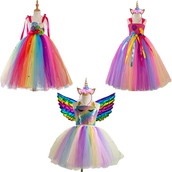 Yeni Varış gökkuşağı ünikorn Prenses Elbise Cadılar Bayramı Kostüm Çocuklar İçin Karnaval Şeker Elbise