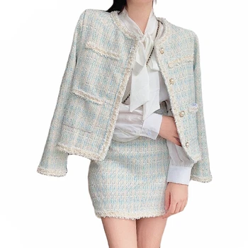 Yüksek Kaliteli Sonbahar Kış Mizaç Tüvit Seti Boncuk kadın ceketi Ceket Üst + Yüksek Bel Mini Etek 2 Parça Set Takım Elbise