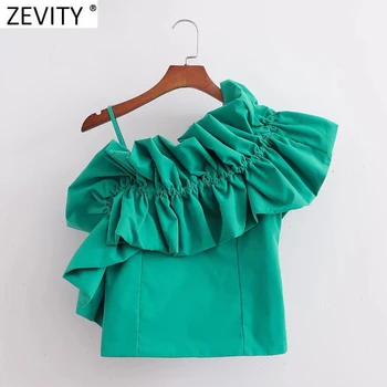 Zevity Kadınlar Yüksek Sokak Pilili Ruffles Tek Omuz Kısa Sling Bluz Bayan Şık Geri Elastik İnce Gömlek Kırpma Üstleri LS10025