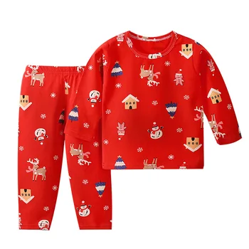 Çocuk Noel Paçalı Don giyim setleri Çocuklar termal iç çamaşır Kız Erkek Kırmızı Karikatür Baskı 2 Parça Takım Elbise Pijama Yeni