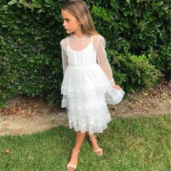  Çocuklar Babys Kız Elbise Uzun Kollu Beyaz Parti Prenses Nokta Tül Dantel Tutu Elbiseler Hallow Çocuk Bebek Kız Elbise Giysi